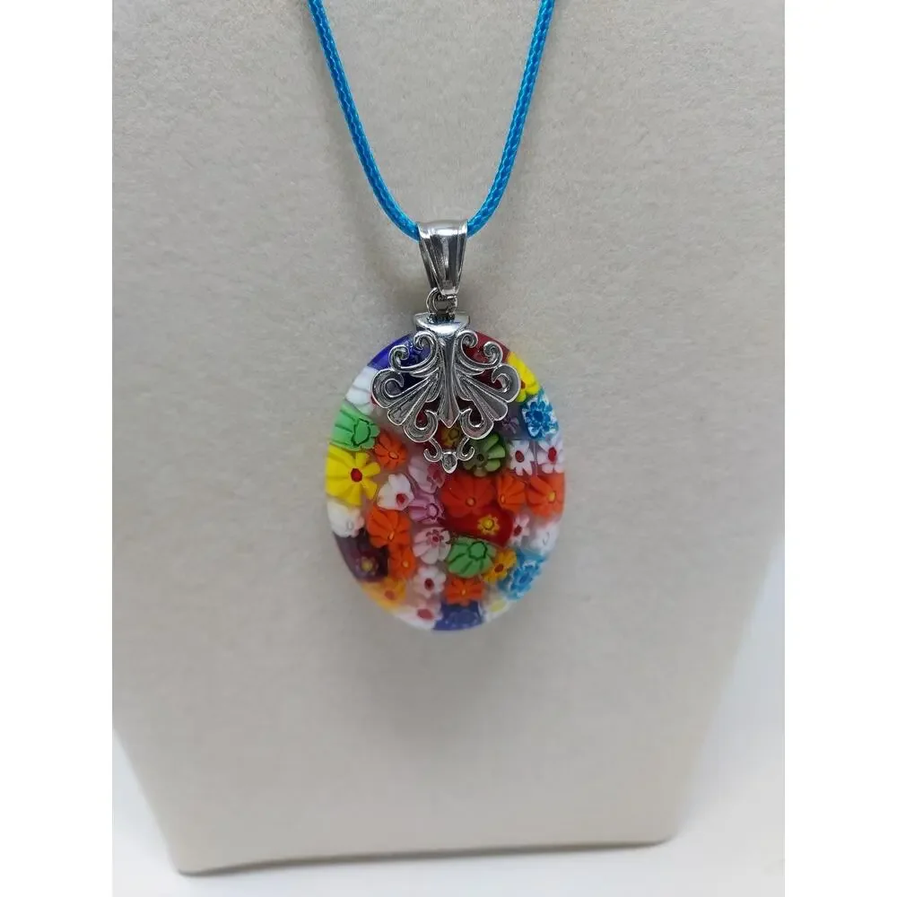 Glass Millefiori Pendant 2" drop Silver Tone Accents Colorful Italy Boho Artisan - Picture 9 of 9